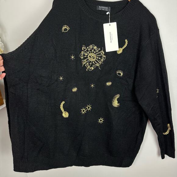 NWT Bloomchic Black Embroidered Knit Celestial Autumn Cozy Sweater Size 26 - Picture 8 of 9